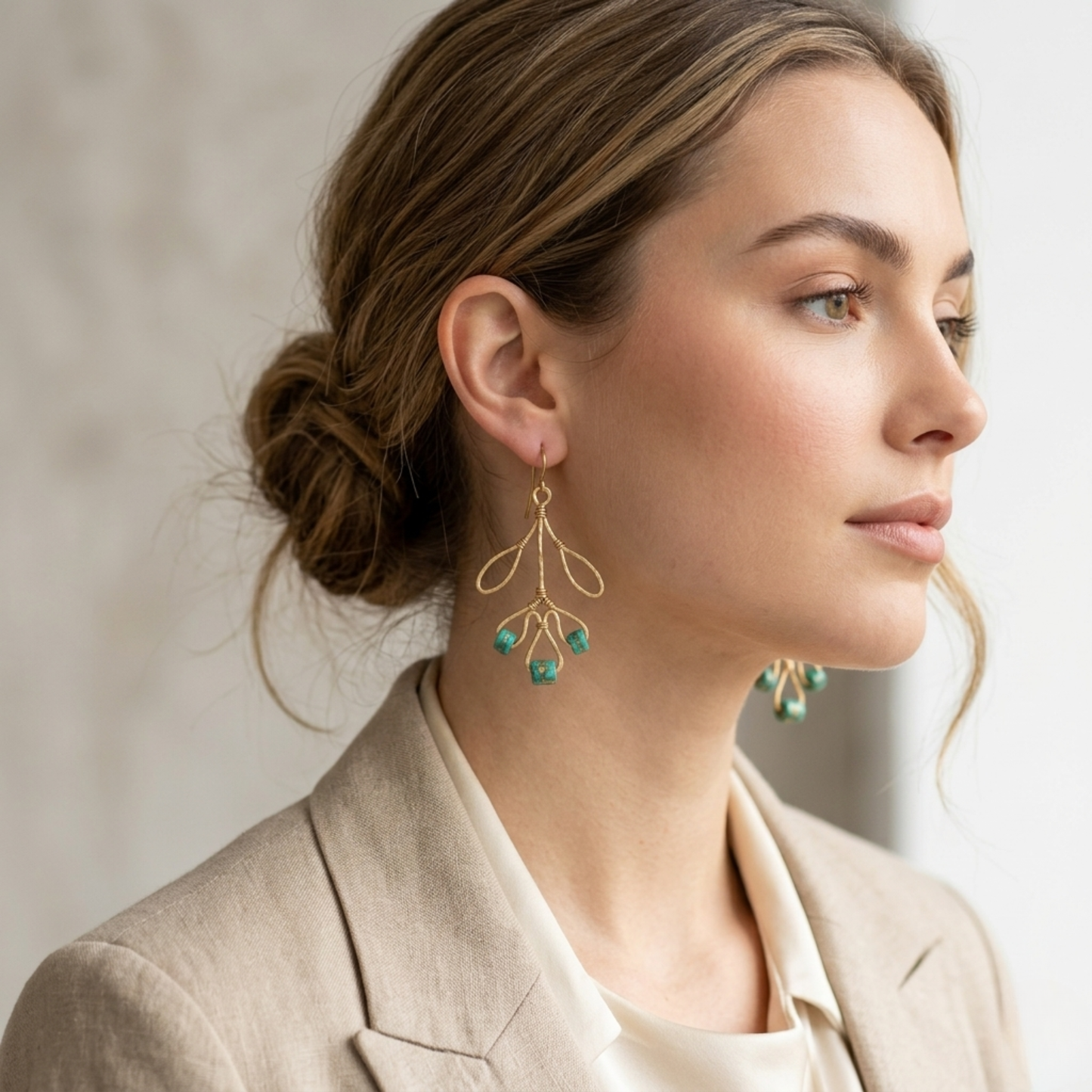Gold Hammered Brass Leaf Drop Earrings with Vintage Turquoise Beads - Handmade Chandelier Dangle Earrings