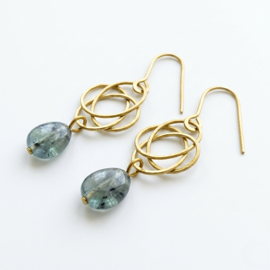 Handmade Blue-Green Fluorite and Golden Brass Interlocking Circle Drop Earrings | Geometric Boho Jewelry