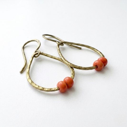 Handmade Hammered Brass Hoop Earrings with Salmon Red Vintage Coral Beads, Skinny Teardrop Creoles
