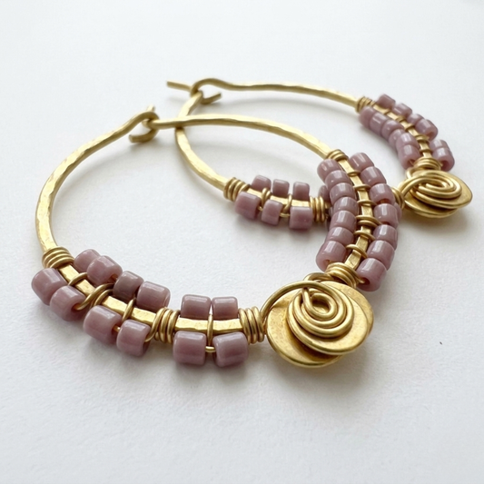 Minimalist Mauve Seed Bead Hoops, Hand-Forged Hammered Brass Creole Earrings
