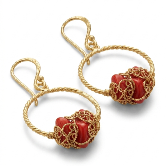 Red Vintage Coral Hoop Earrings - Gold Hammered Brass Creoles with Repurposed Beads