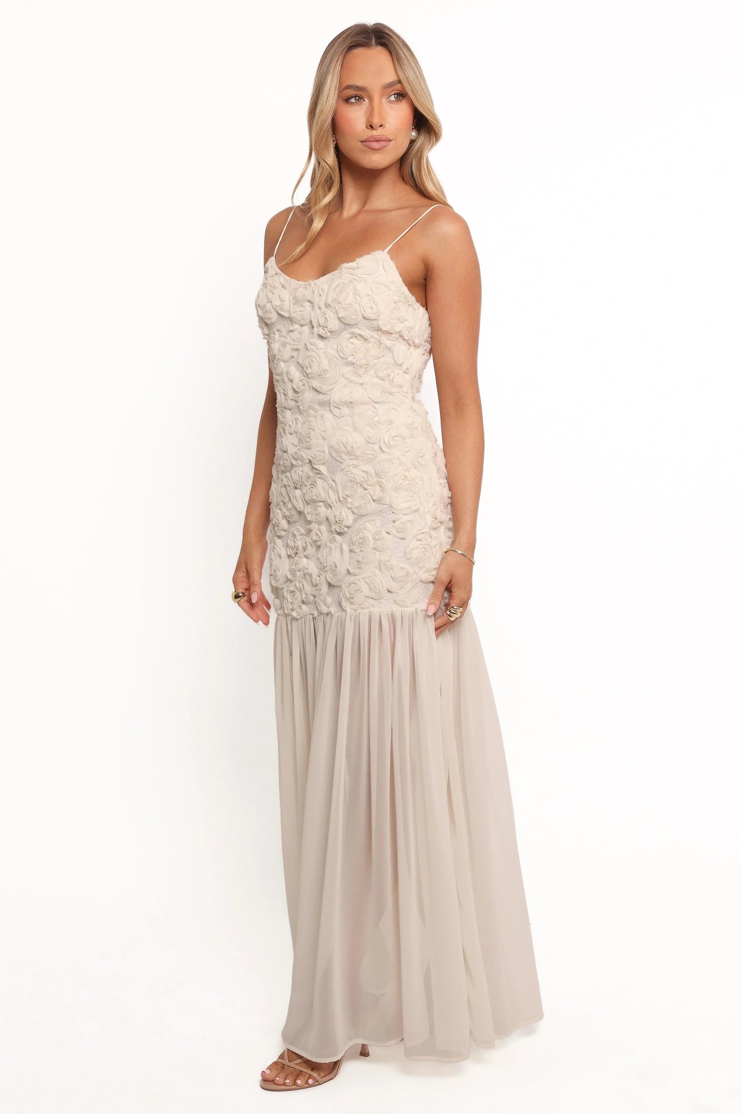 Textured-Rose Front-Slit Maxi Dress