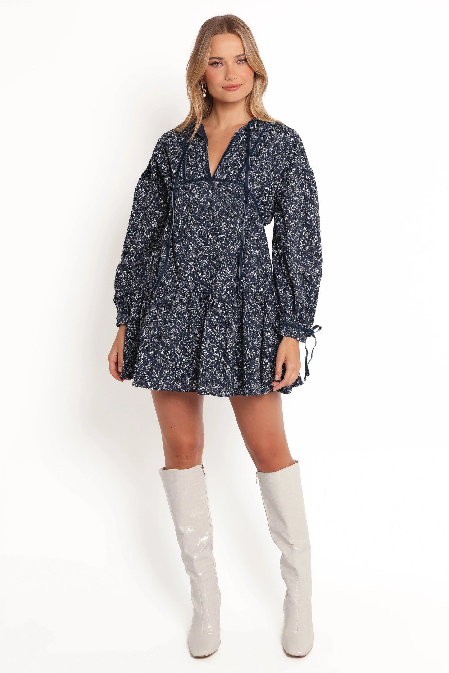 Velvet-Trim Cutout Mini Dress