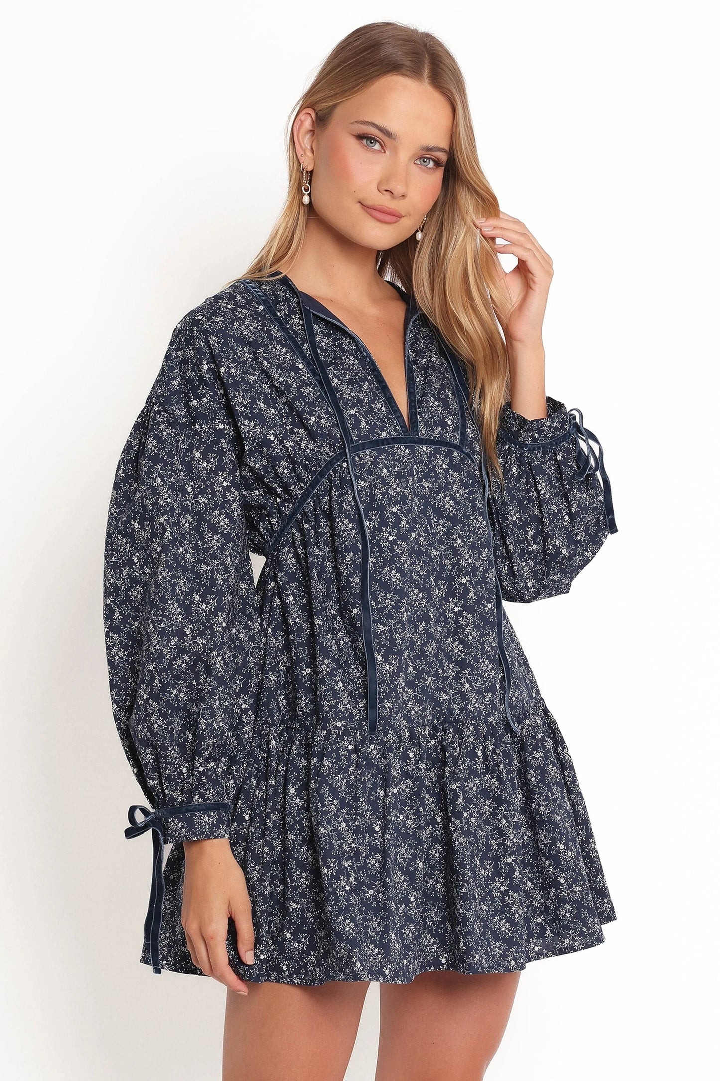Velvet-Trim Cutout Mini Dress