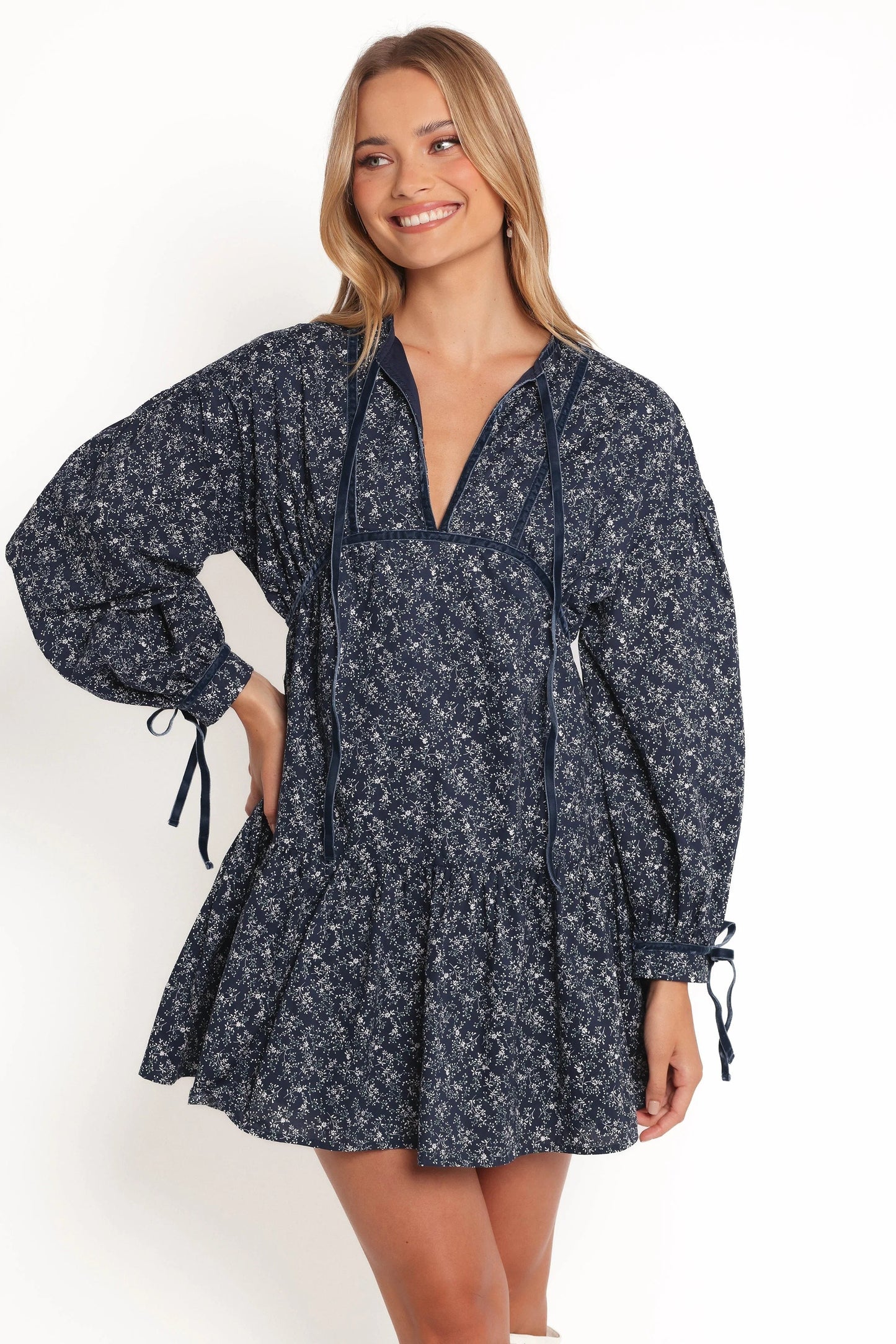 Velvet-Trim Cutout Mini Dress
