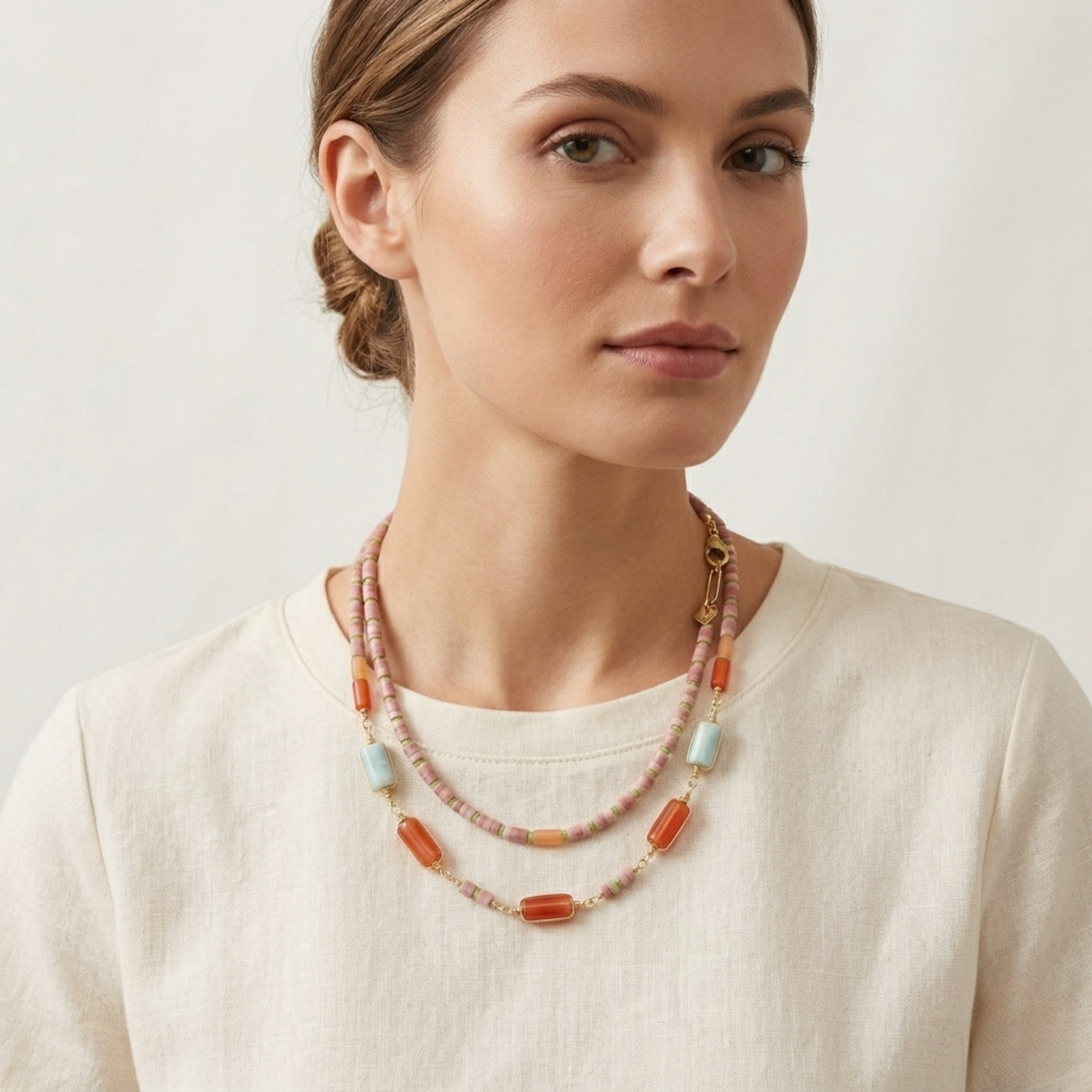 Aquamarine, Rhodochrosite, and Orange Carnelian Necklace - Colorful Gemstone Surfer Necklace with Green Aventurine and Seed Beads