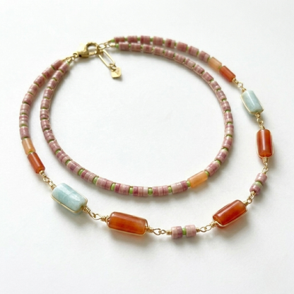 Aquamarine, Rhodochrosite, and Orange Carnelian Necklace - Colorful Gemstone Surfer Necklace with Green Aventurine and Seed Beads