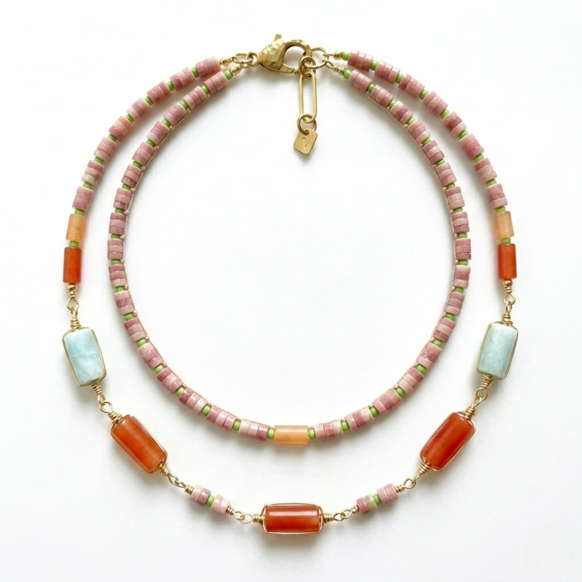 Aquamarine, Rhodochrosite, and Orange Carnelian Necklace - Colorful Gemstone Surfer Necklace with Green Aventurine and Seed Beads