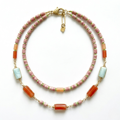 Aquamarine, Rhodochrosite, and Orange Carnelian Necklace - Colorful Gemstone Surfer Necklace with Green Aventurine and Seed Beads