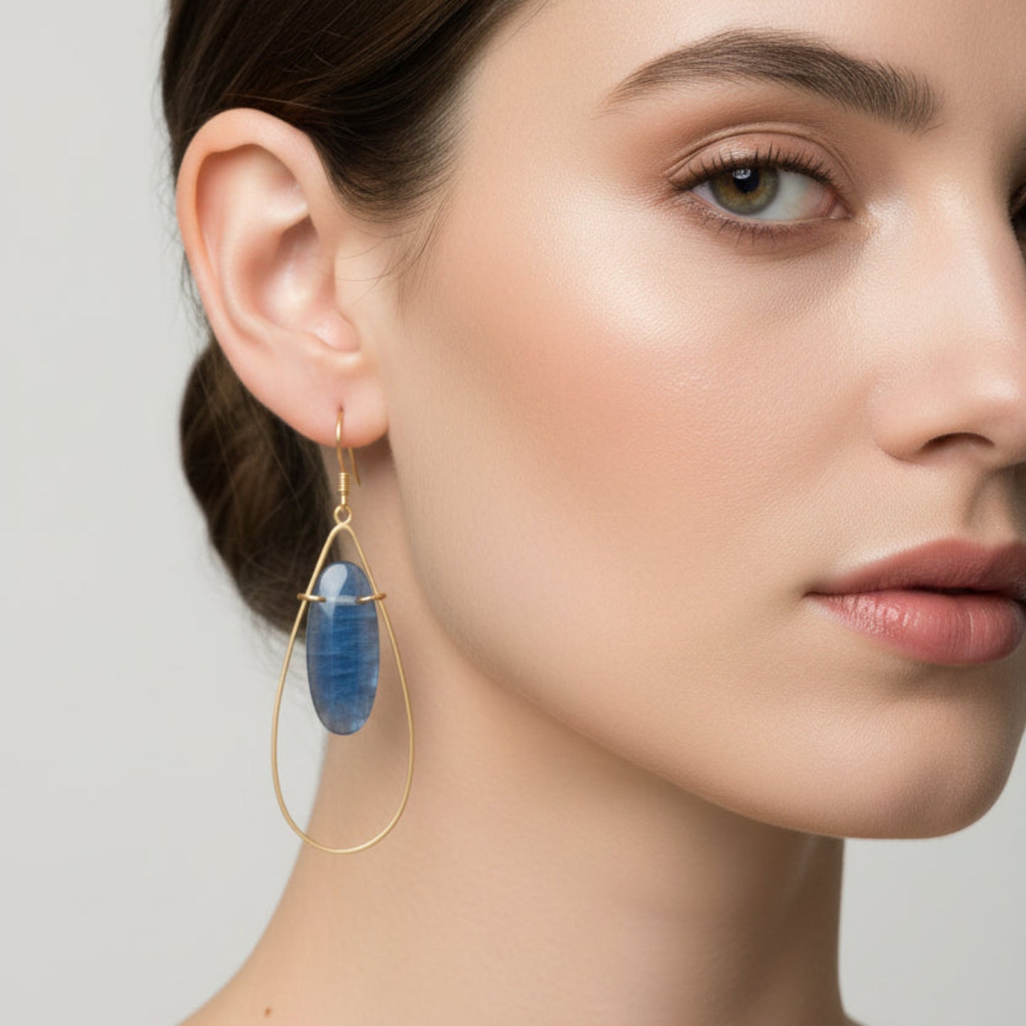 Blue Kyanite Creole Earrings - Gold Hammered Brass Teardrop Hoops with Blue Gemstones