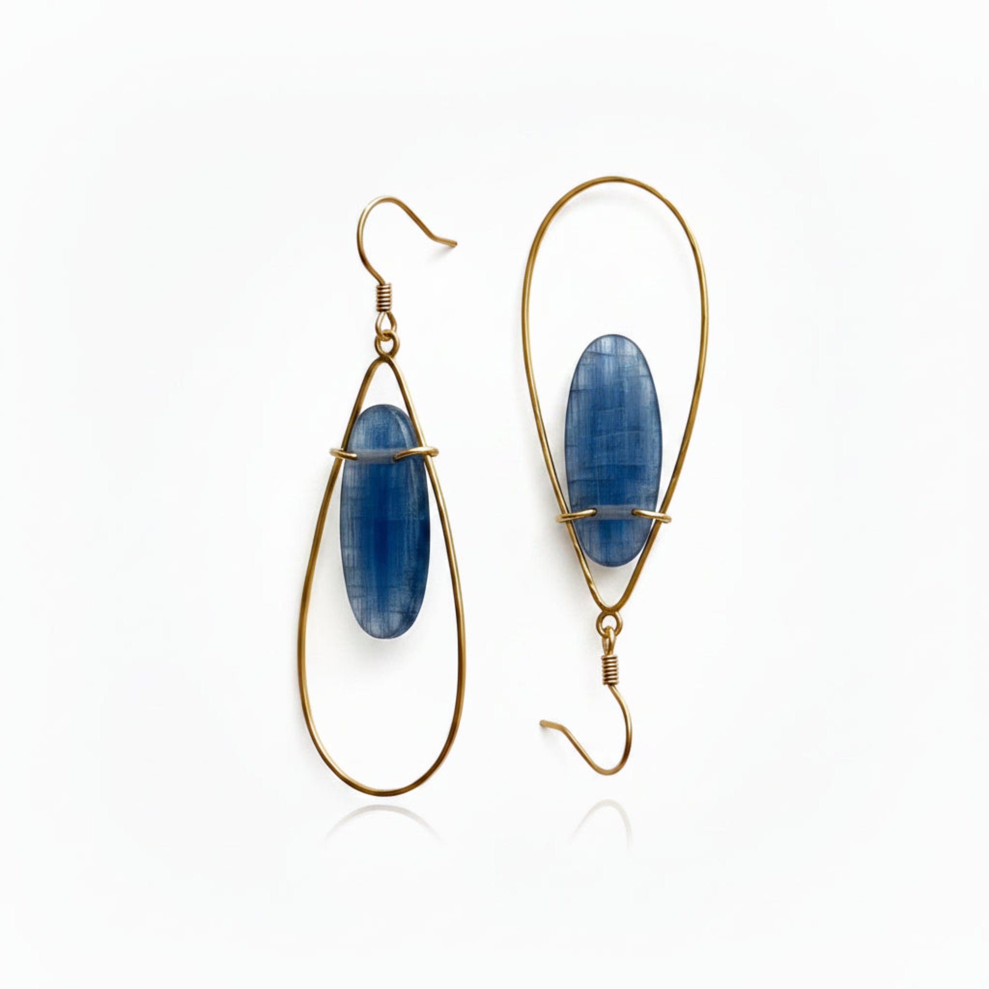 Blue Kyanite Creole Earrings - Gold Hammered Brass Teardrop Hoops with Blue Gemstones
