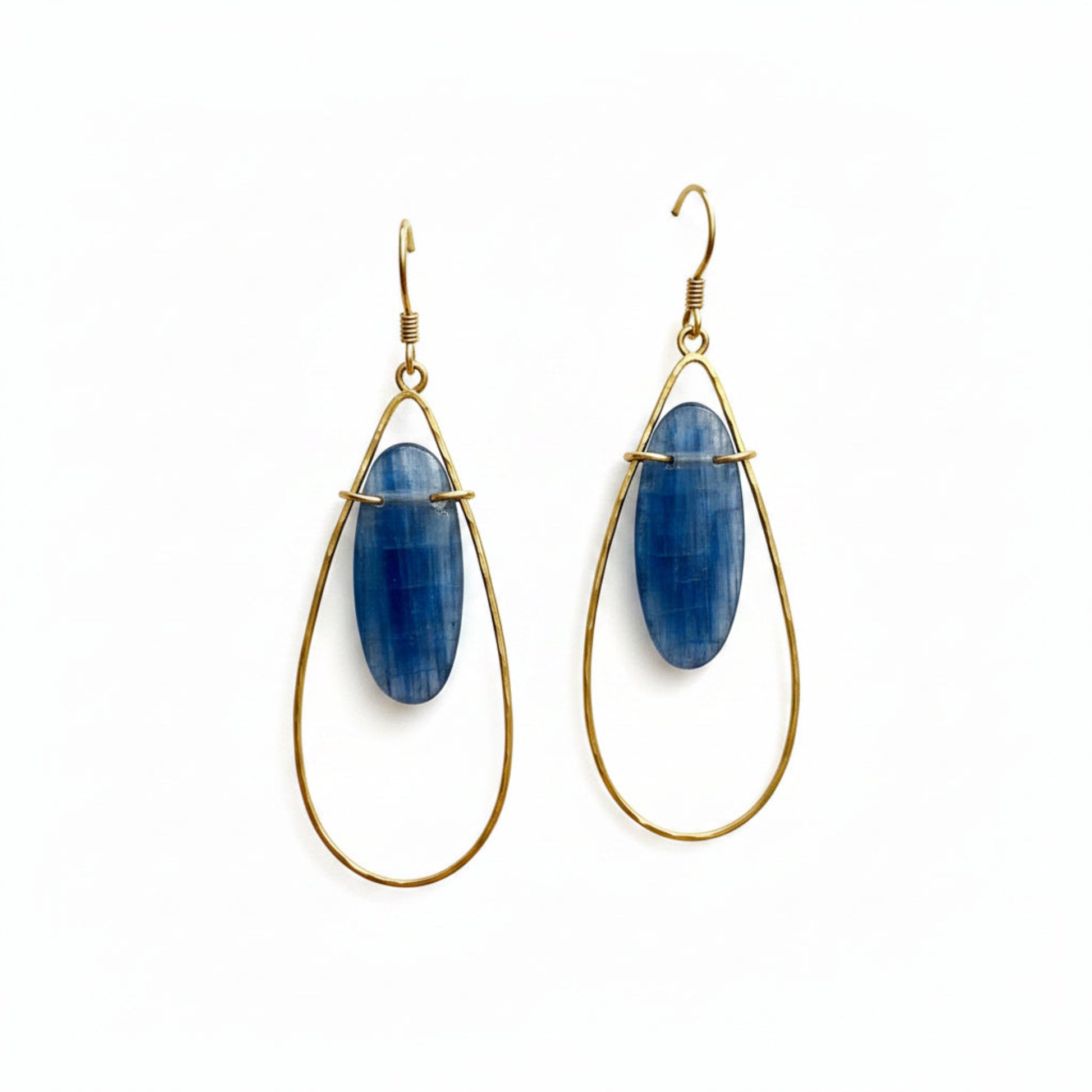 Blue Kyanite Creole Earrings - Gold Hammered Brass Teardrop Hoops with Blue Gemstones