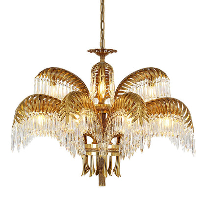 Brass Palm Leaf Crystal Chandelier