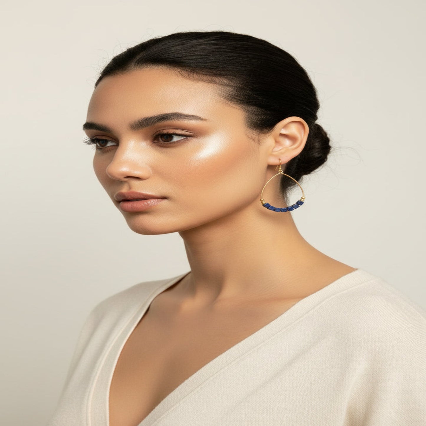 Dark Blue Lapis Lazuli Gemstone Cube and Brass Teardrop Hoop Earrings