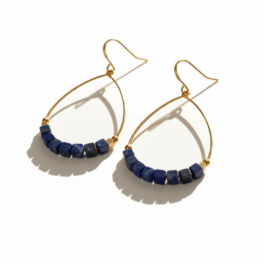 Dark Blue Lapis Lazuli Gemstone Cube and Brass Teardrop Hoop Earrings