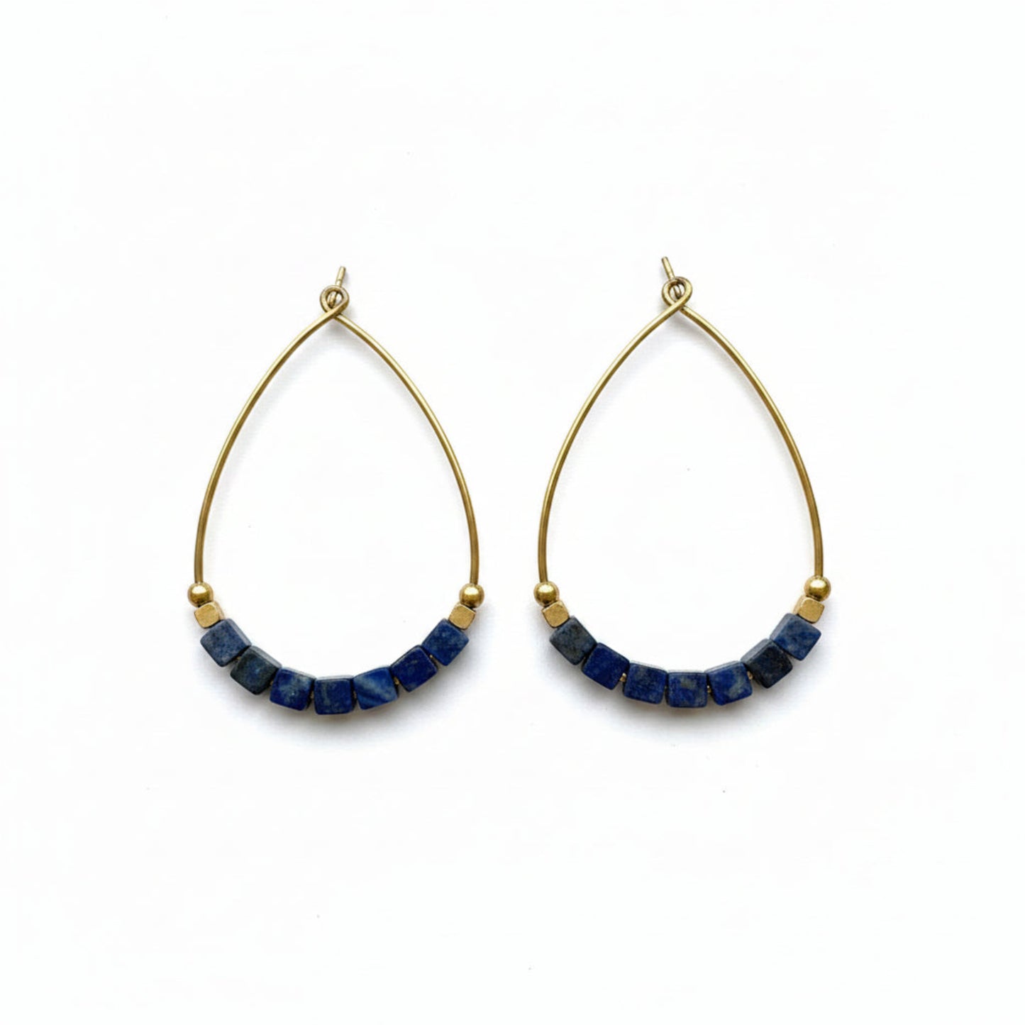 Dark Blue Lapis Lazuli Gemstone Cube and Brass Teardrop Hoop Earrings