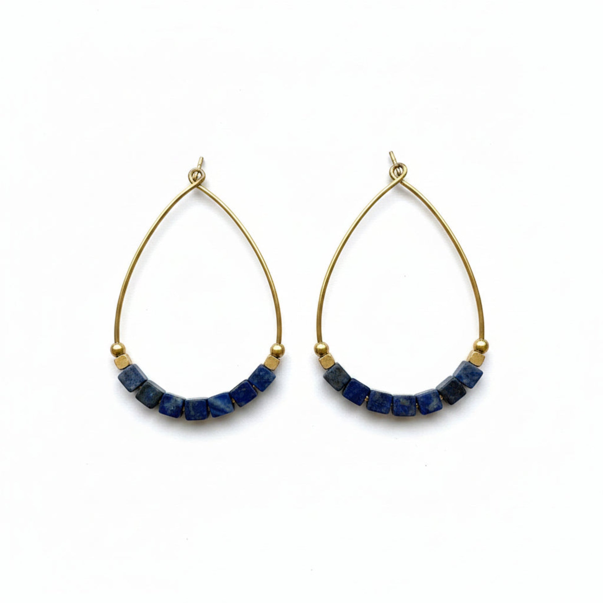 Dark Blue Lapis Lazuli Gemstone Cube and Brass Teardrop Hoop Earrings