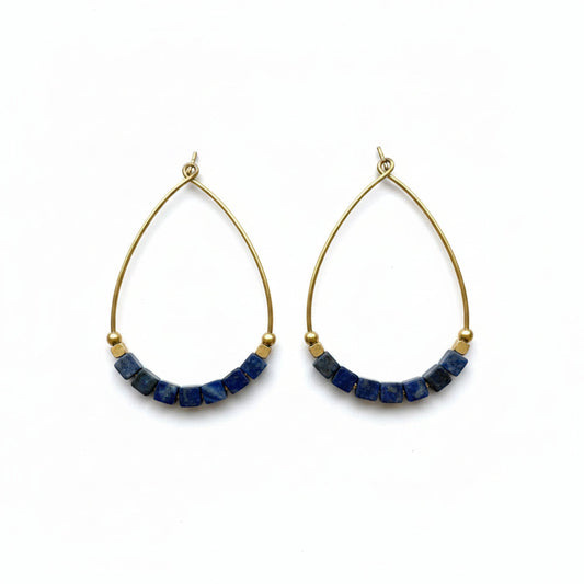Dark Blue Lapis Lazuli Gemstone Cube and Brass Teardrop Hoop Earrings