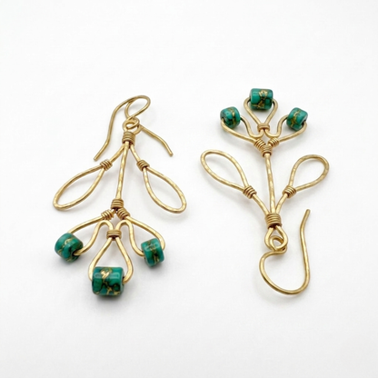 Gold Hammered Brass Leaf Drop Earrings with Vintage Turquoise Beads - Handmade Chandelier Dangle Earrings