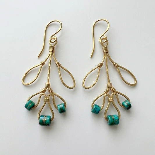 Gold Hammered Brass Leaf Drop Earrings with Vintage Turquoise Beads - Handmade Chandelier Dangle Earrings