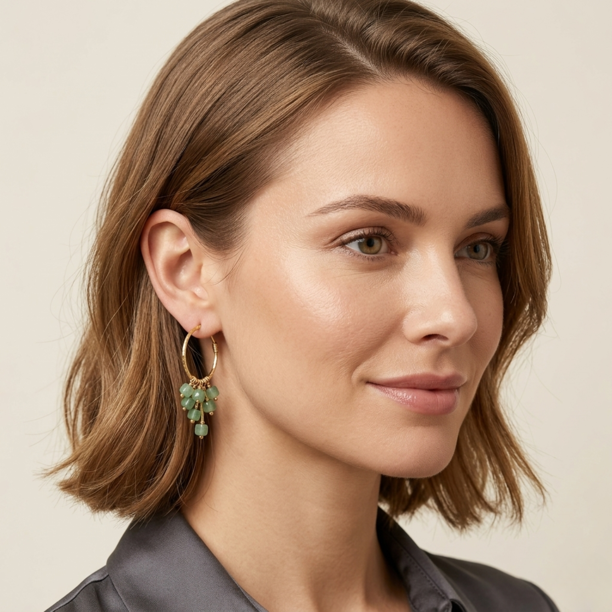 Green Aventurine Hoop Earrings - Hand-Forged Hammered Brass Creole with Green Gemstone Cube Beads