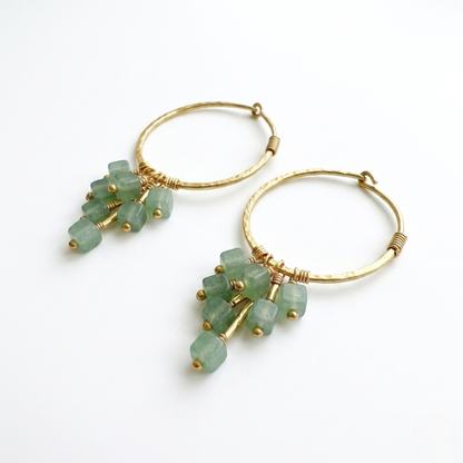Green Aventurine Hoop Earrings - Hand-Forged Hammered Brass Creole with Green Gemstone Cube Beads