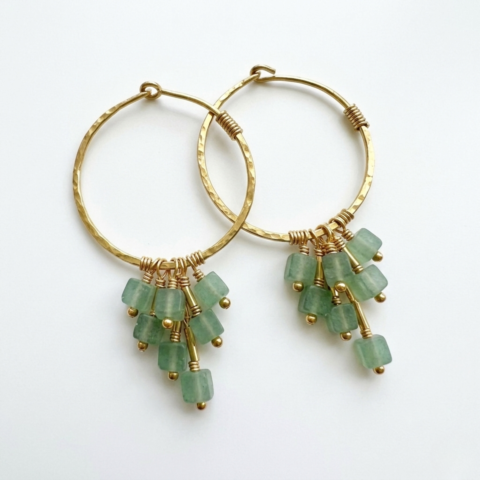 Green Aventurine Hoop Earrings - Hand-Forged Hammered Brass Creole with Green Gemstone Cube Beads