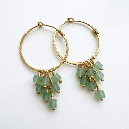 Green Aventurine Hoop Earrings - Hand-Forged Hammered Brass Creole with Green Gemstone Cube Beads