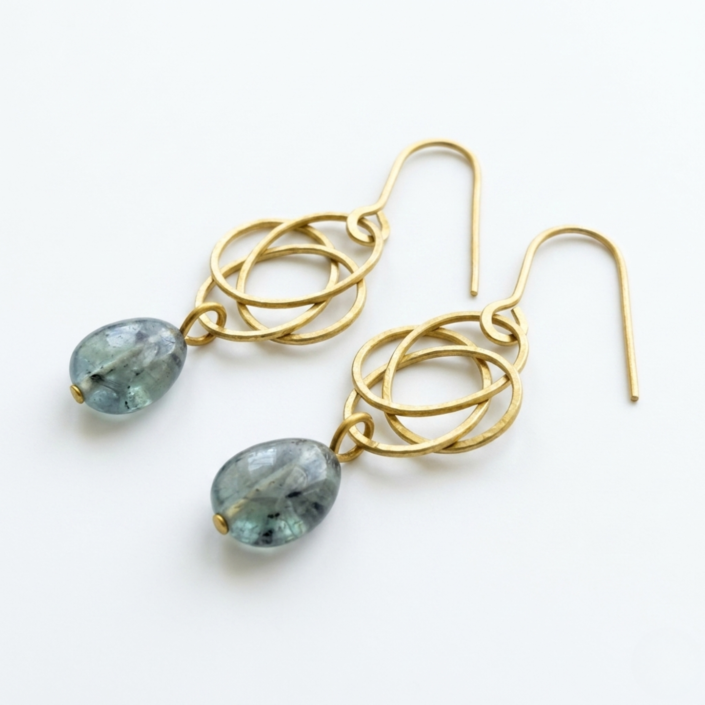 Handmade Blue-Green Fluorite and Golden Brass Interlocking Circle Drop Earrings | Geometric Boho Jewelry