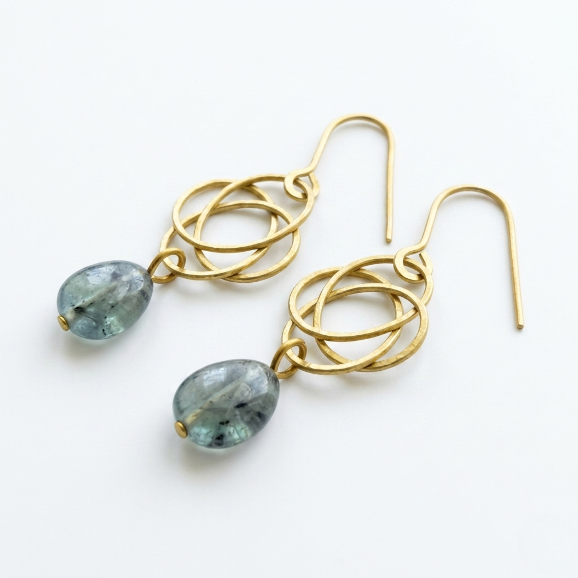 Handmade Blue-Green Fluorite and Golden Brass Interlocking Circle Drop Earrings | Geometric Boho Jewelry