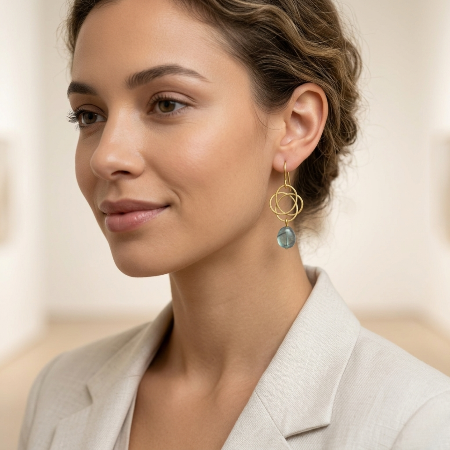 Handmade Blue-Green Fluorite and Golden Brass Interlocking Circle Drop Earrings | Geometric Boho Jewelry