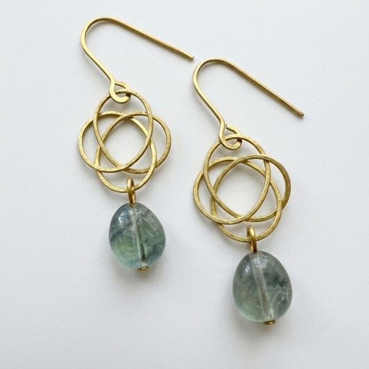 Handmade Blue-Green Fluorite and Golden Brass Interlocking Circle Drop Earrings | Geometric Boho Jewelry