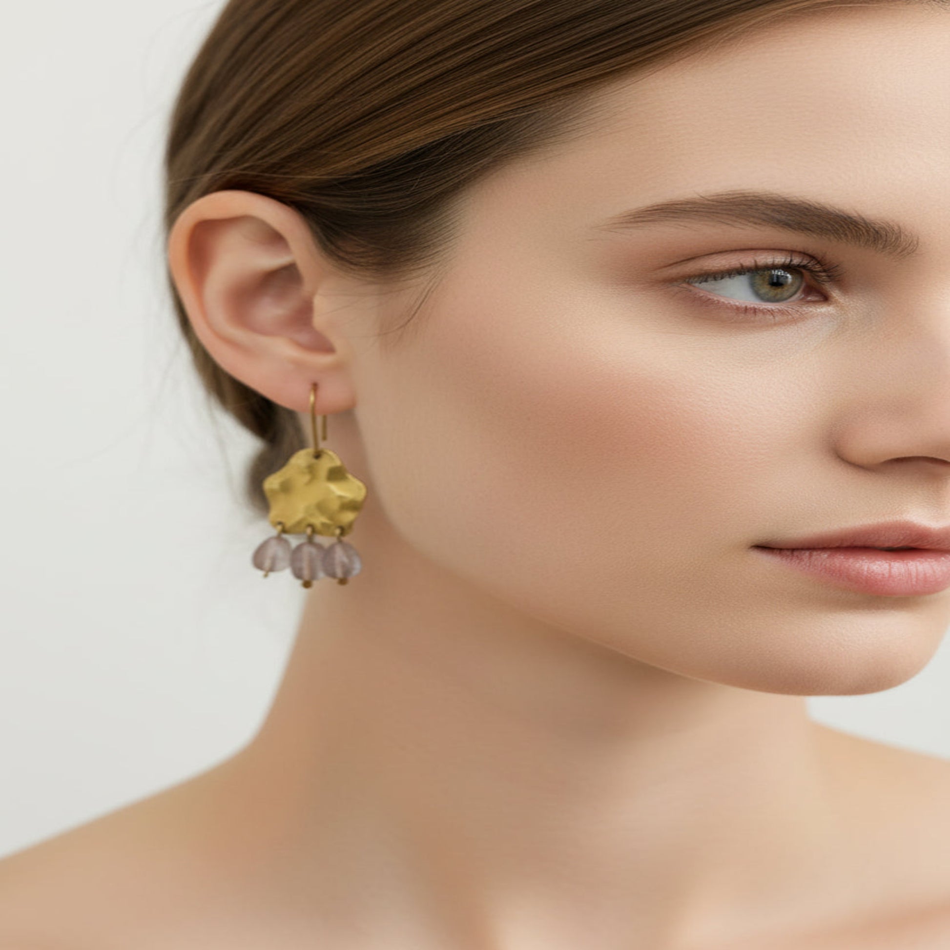 Handmade Gold Hammered Brass Chandelier Earrings with Pink Rutilated Quartz