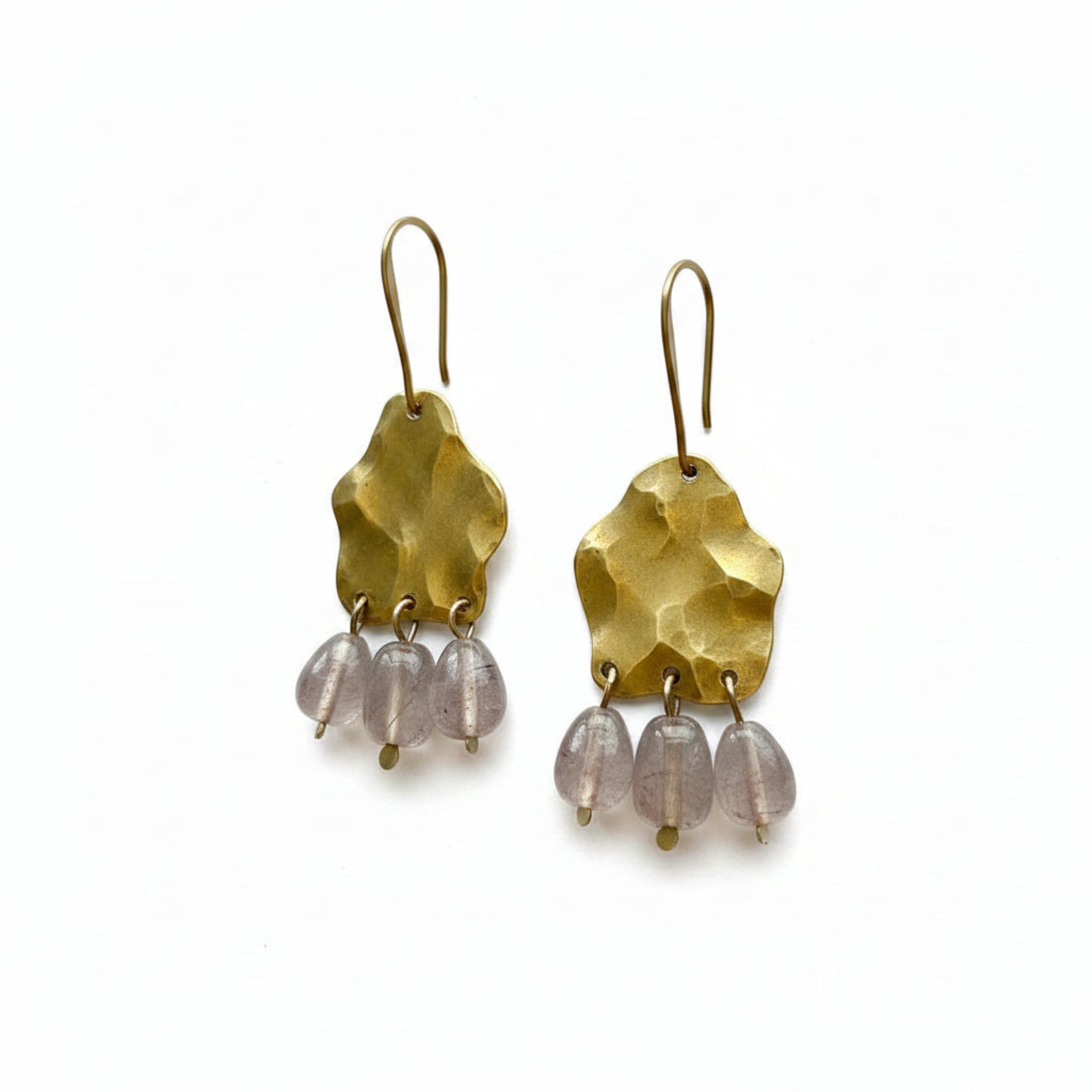 Handmade Gold Hammered Brass Chandelier Earrings with Pink Rutilated Quartz