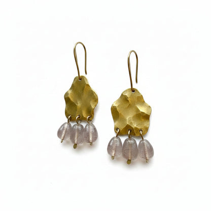 Handmade Gold Hammered Brass Chandelier Earrings with Pink Rutilated Quartz