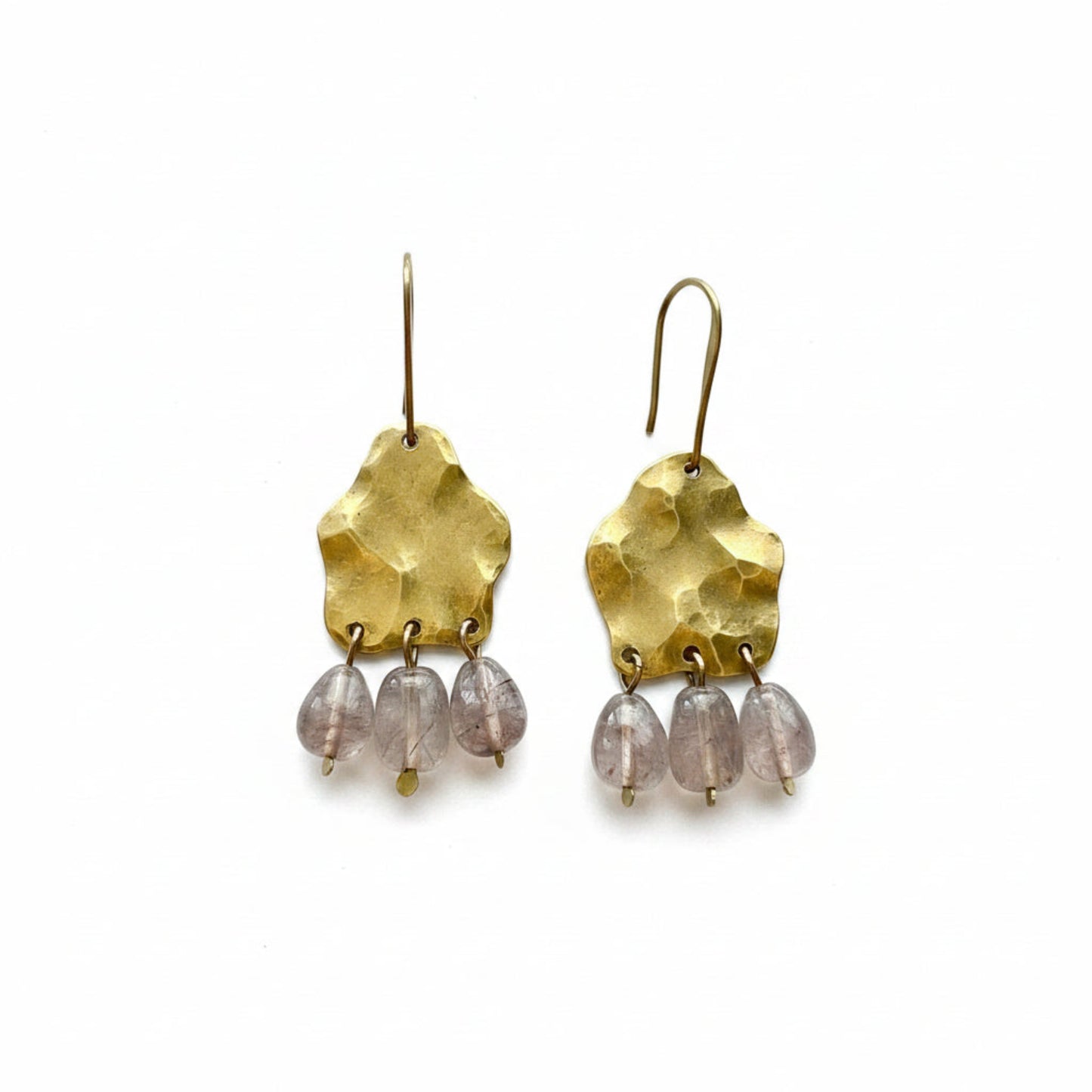 Handmade Gold Hammered Brass Chandelier Earrings with Pink Rutilated Quartz