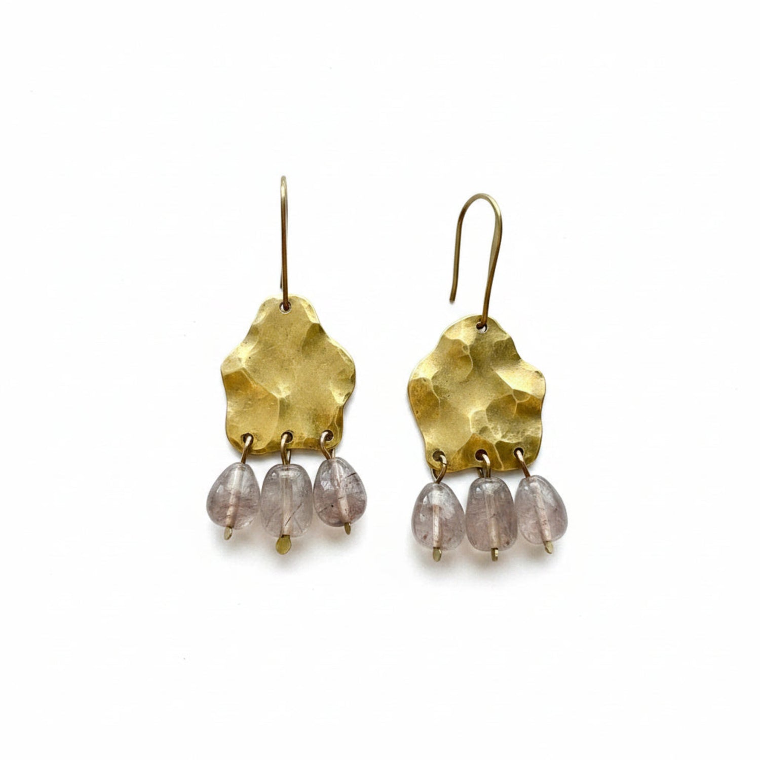 Handmade Gold Hammered Brass Chandelier Earrings with Pink Rutilated Quartz