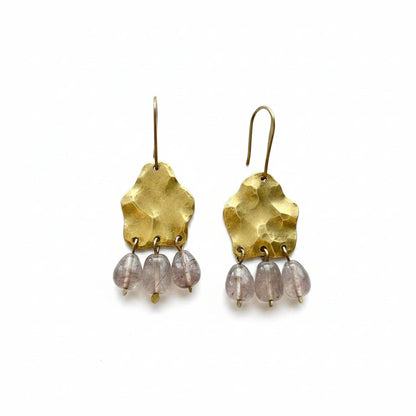 Handmade Gold Hammered Brass Chandelier Earrings with Pink Rutilated Quartz