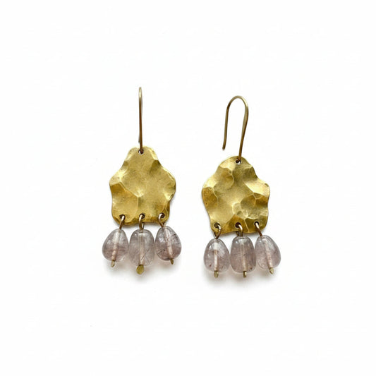 Handmade Gold Hammered Brass Chandelier Earrings with Pink Rutilated Quartz
