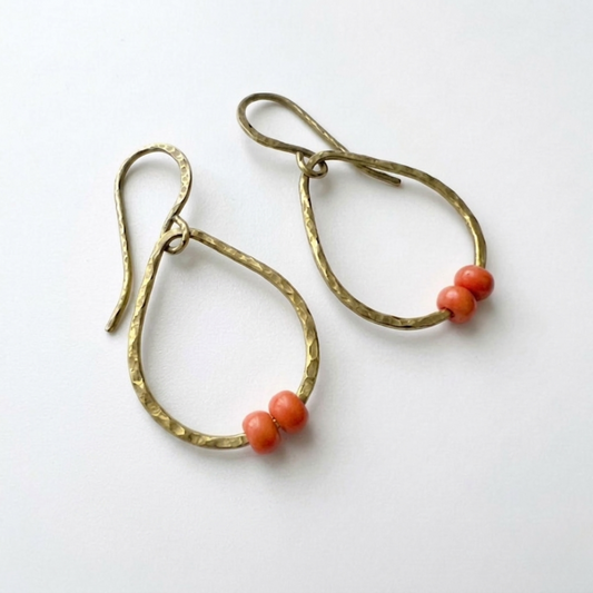 Handmade Hammered Brass Hoop Earrings with Salmon Red Vintage Coral Beads, Skinny Teardrop Creoles