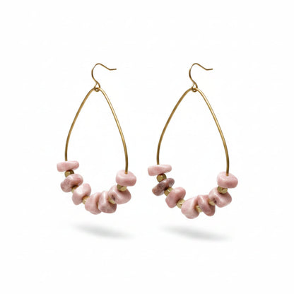  Rhodochrosite Nugget Creole Earrings, Delicate Hoops with Pink Gemstones, Handmade Brass Earrings
