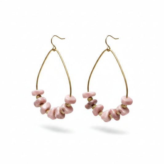  Rhodochrosite Nugget Creole Earrings, Delicate Hoops with Pink Gemstones, Handmade Brass Earrings
