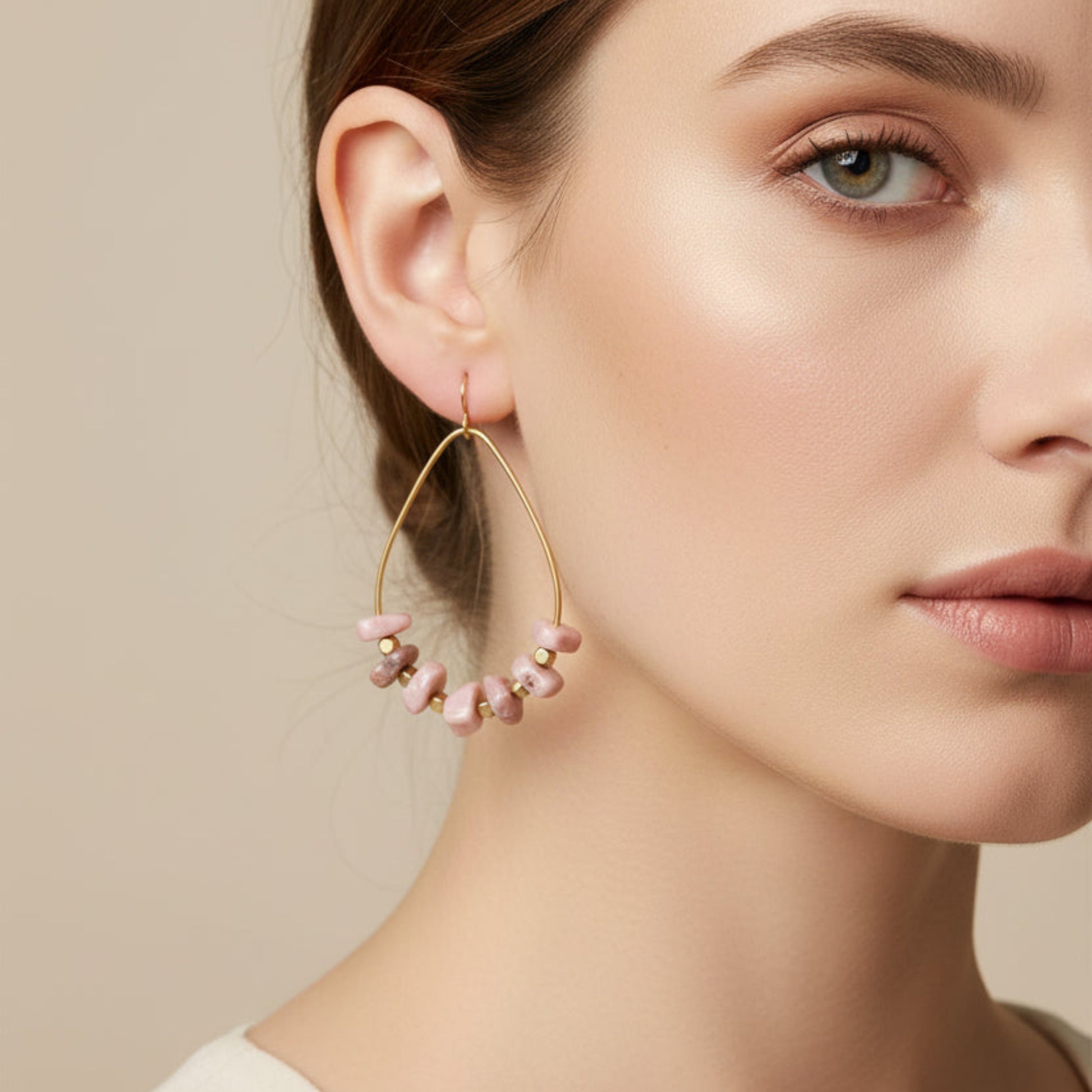  Rhodochrosite Nugget Creole Earrings, Delicate Hoops with Pink Gemstones, Handmade Brass Earrings
