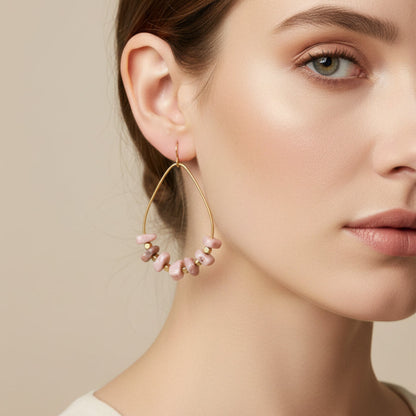  Rhodochrosite Nugget Creole Earrings, Delicate Hoops with Pink Gemstones, Handmade Brass Earrings
