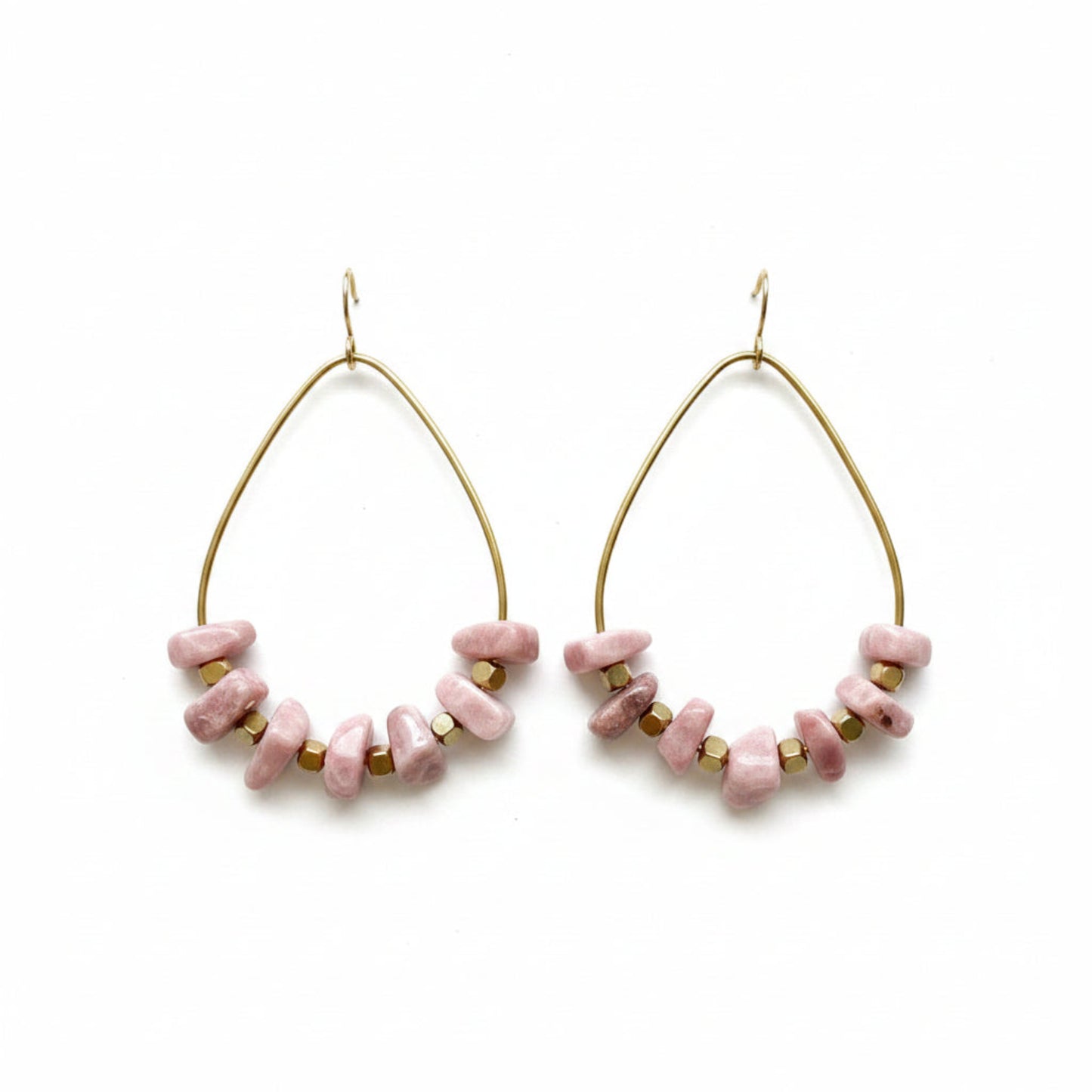  Rhodochrosite Nugget Creole Earrings, Delicate Hoops with Pink Gemstones, Handmade Brass Earrings
