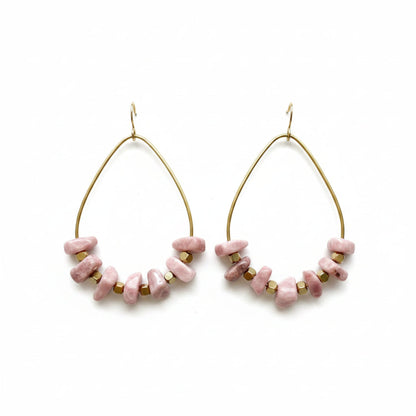  Rhodochrosite Nugget Creole Earrings, Delicate Hoops with Pink Gemstones, Handmade Brass Earrings
