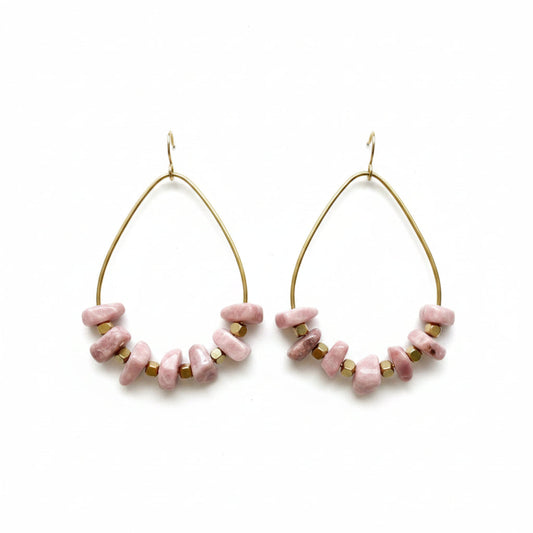  Rhodochrosite Nugget Creole Earrings, Delicate Hoops with Pink Gemstones, Handmade Brass Earrings
