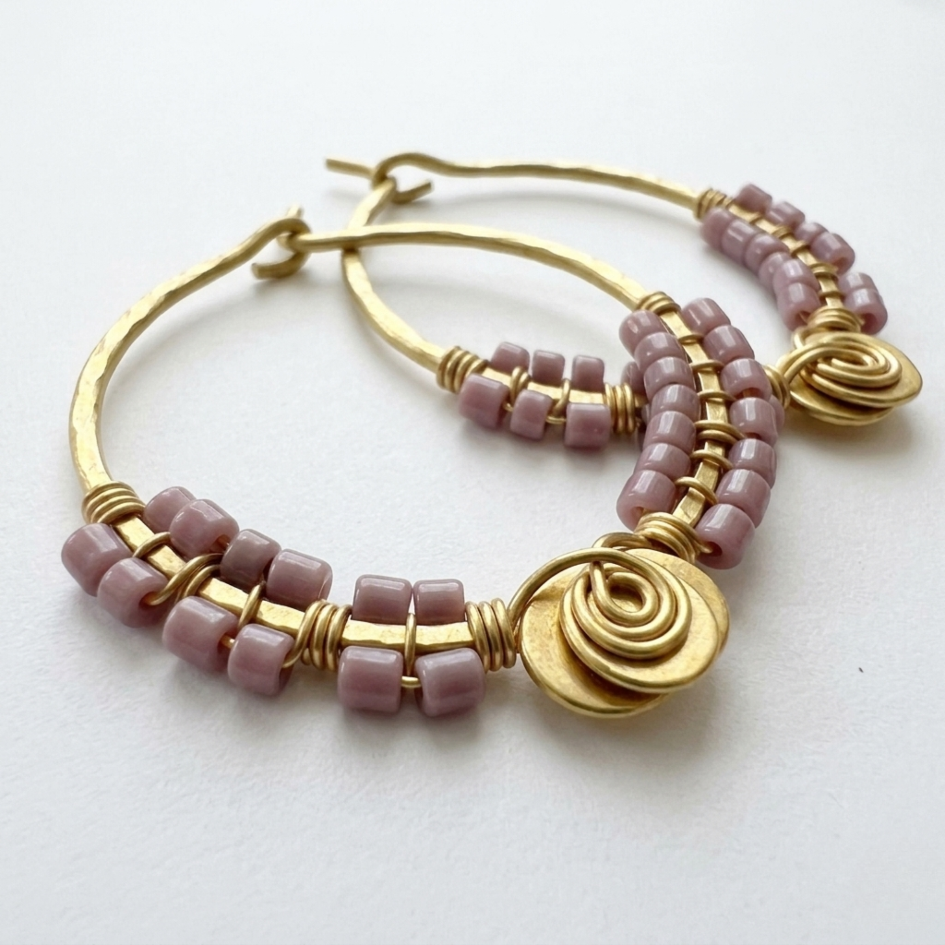 Minimalist Mauve Seed Bead Hoops, Hand-Forged Hammered Brass Creole Earrings