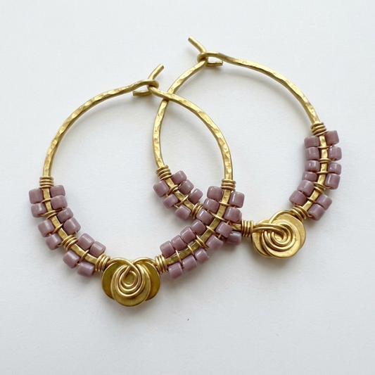 Minimalist Mauve Seed Bead Hoops, Hand-Forged Hammered Brass Creole Earrings