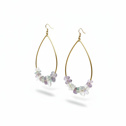Multicolor Fluorite Teardrop Hoop Earrings – Purple, Green, and Clear Gemstones on Handmade Hammered Brass